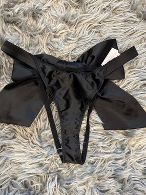 Victoria's Secret Black Satin Bow Thong with Double-Strap Detail
